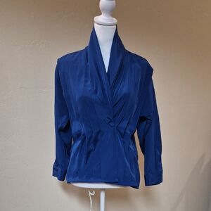 Vintage MARLIS Blue Padded Shoulder Blouse Women's L 80s Power Dressing Suit Top
